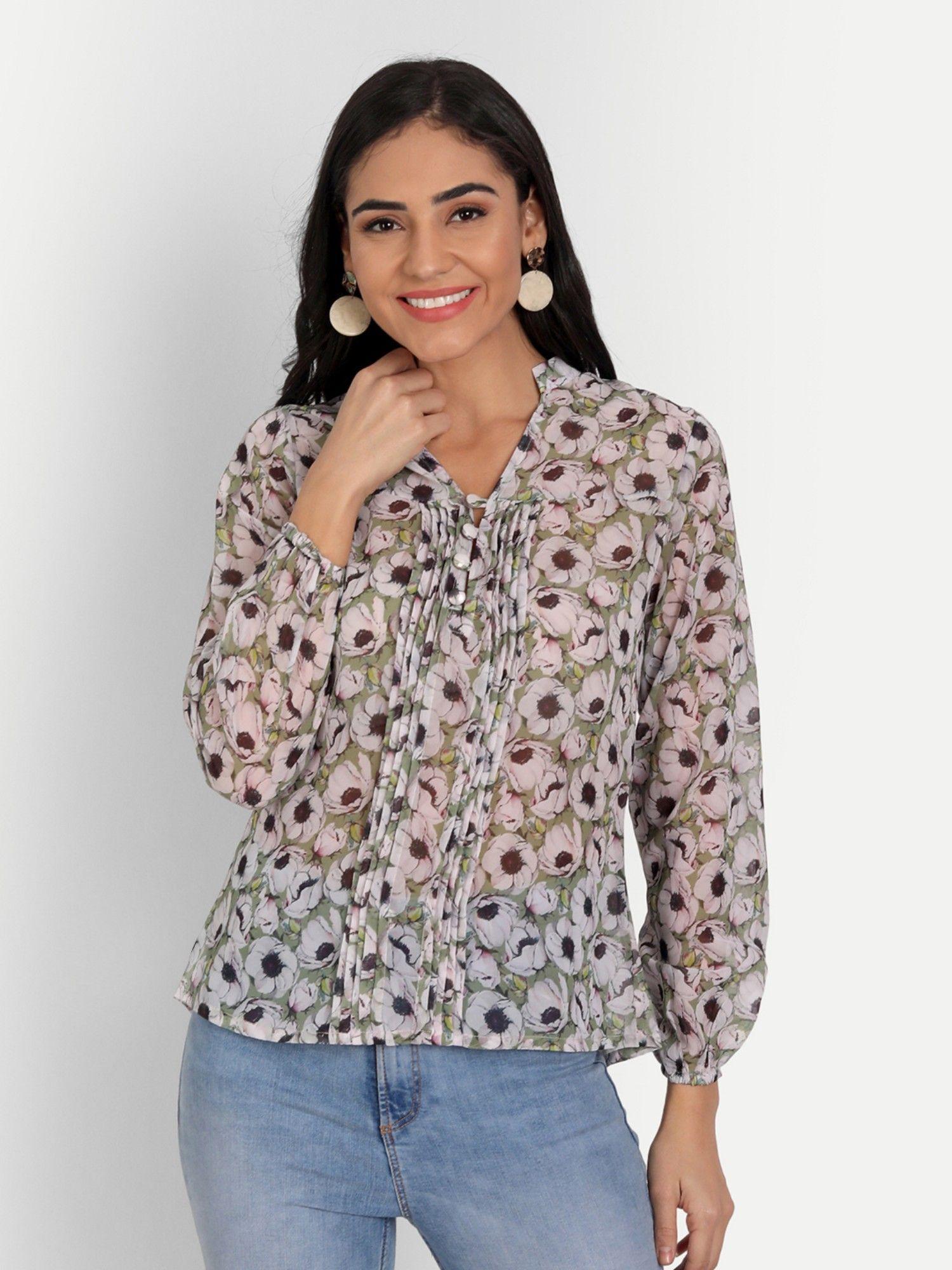 green floral print georgette top