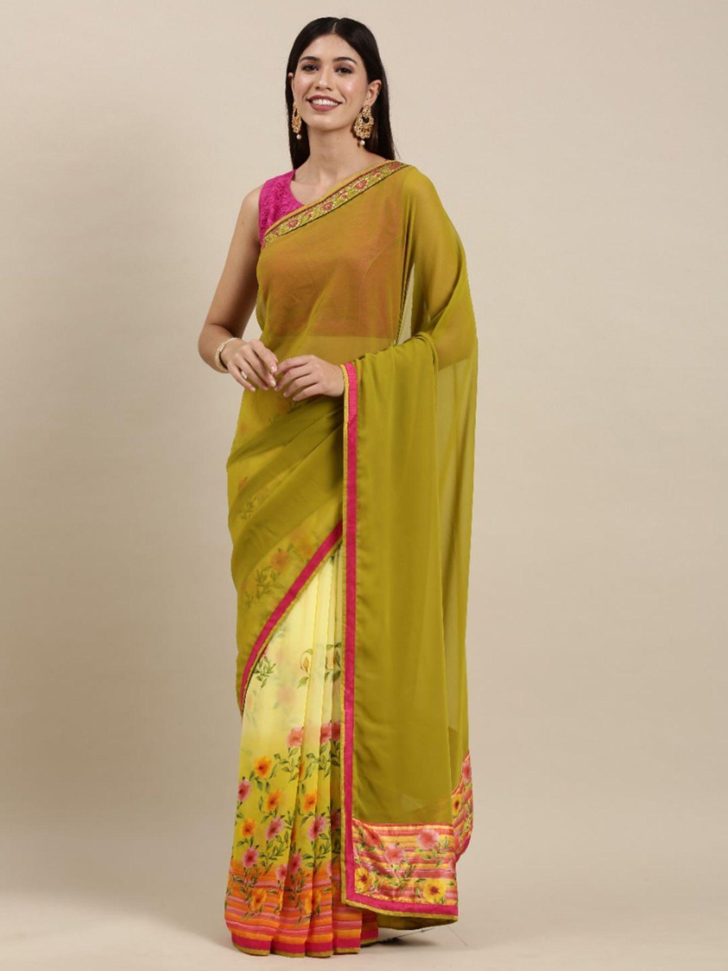 green floral print half and half saree with unstitched blouse