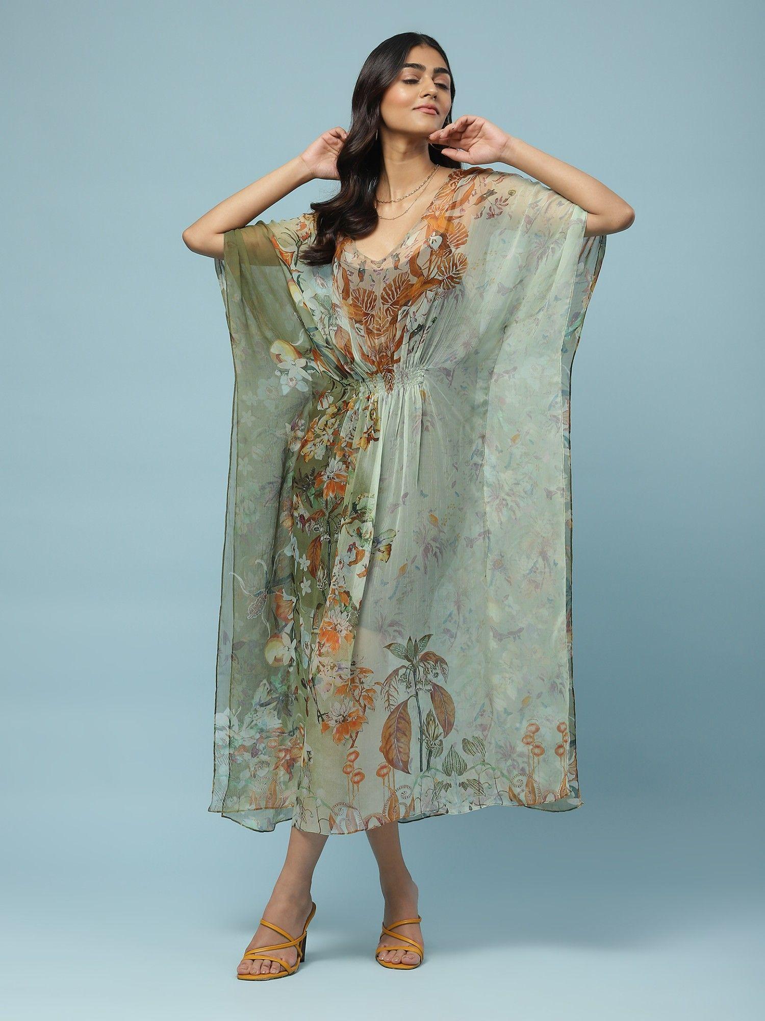 green floral print kaftan dress with inner (set of 2)