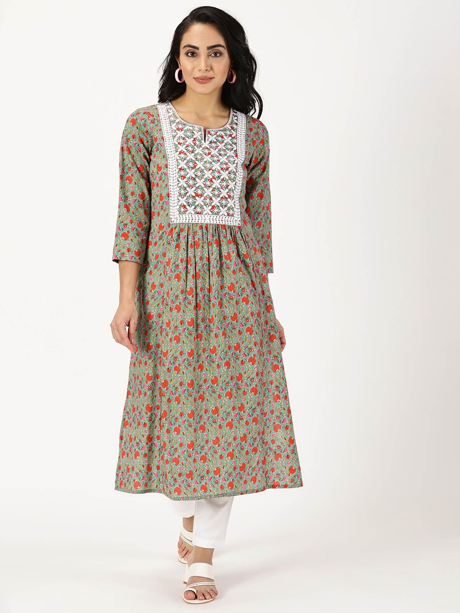 green floral print kurta with chikankari embroidery