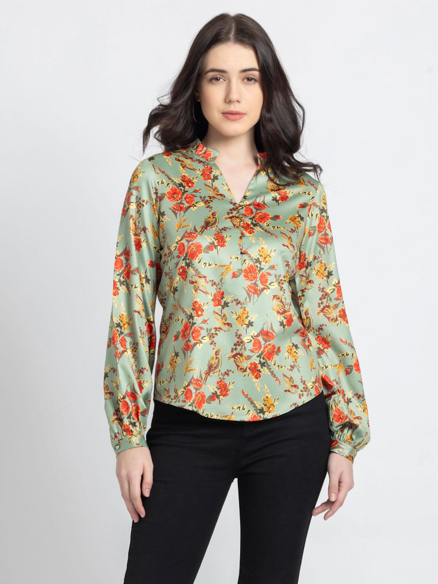 green floral print long sleeves casual tops for women