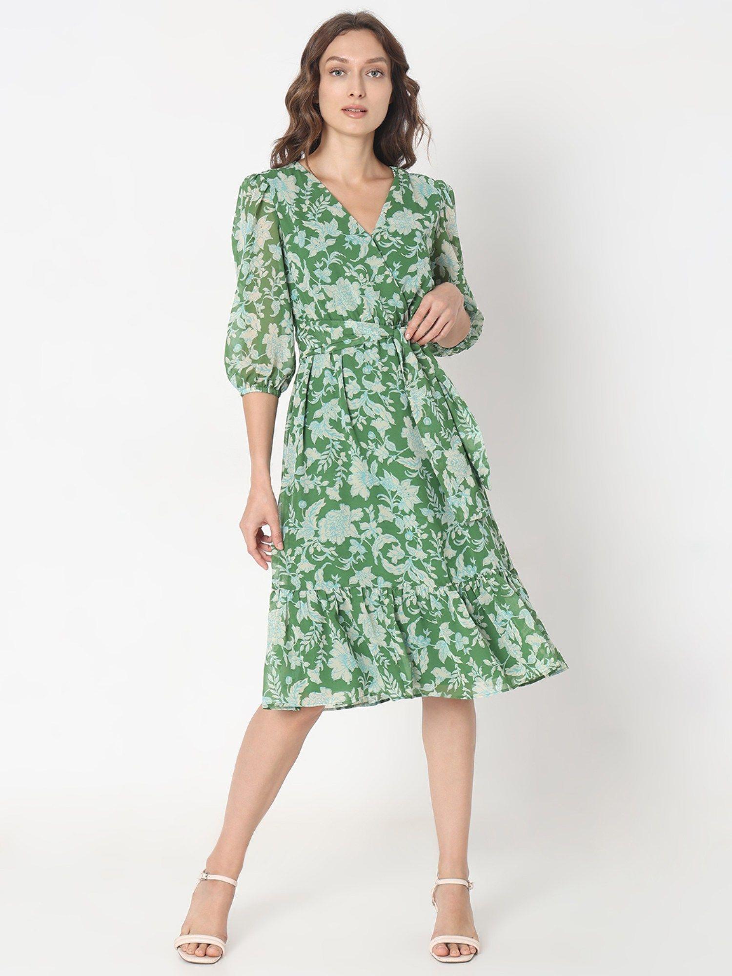 green floral print midi dress with belt (set of 2)