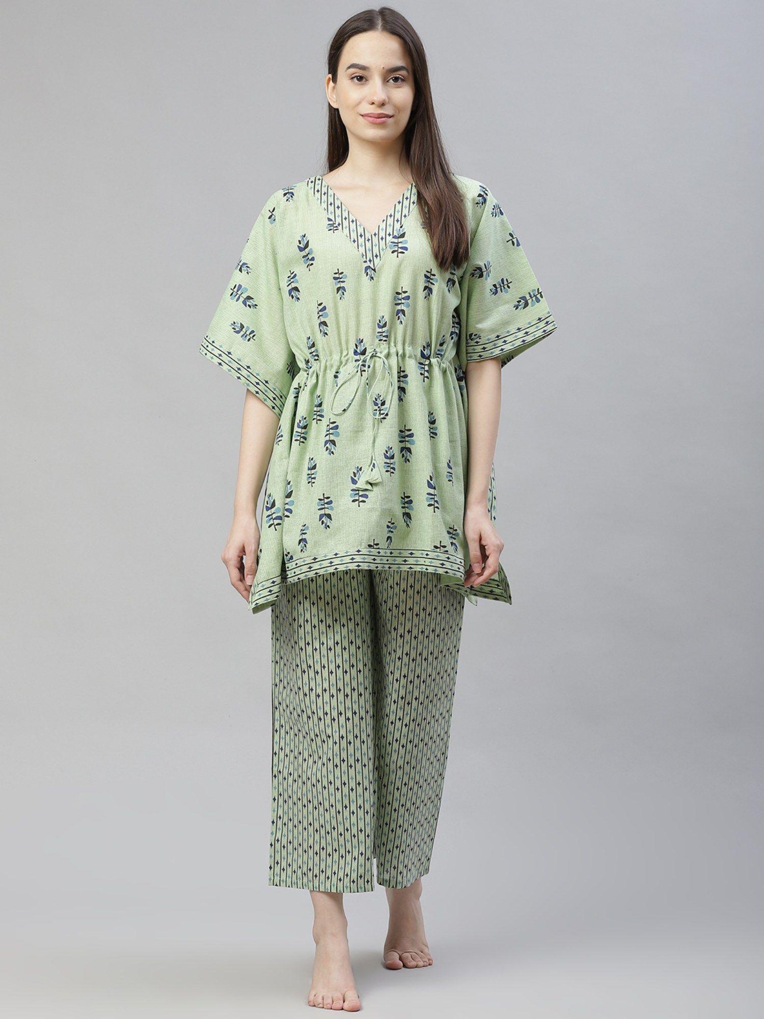 green floral print pure cotton kaftan night suit (set of 2)