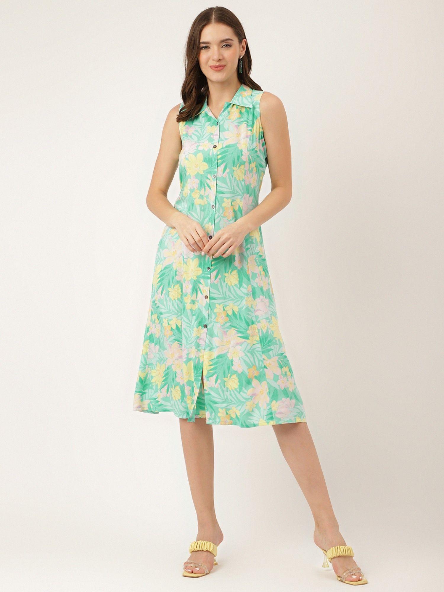 green floral print rayon a-line midi dress with attached sleeves for women