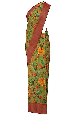 green floral print saree with unstitched blouse piece