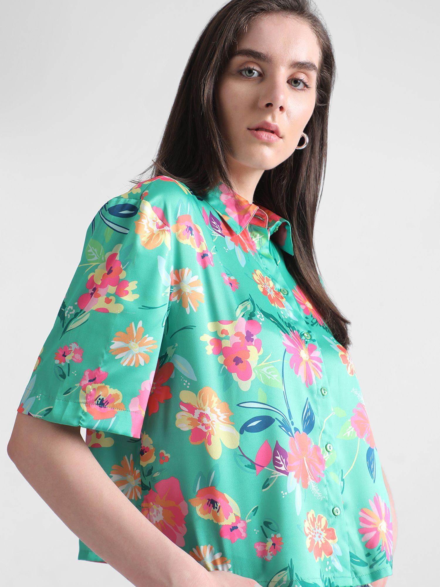 green floral print satin shirt