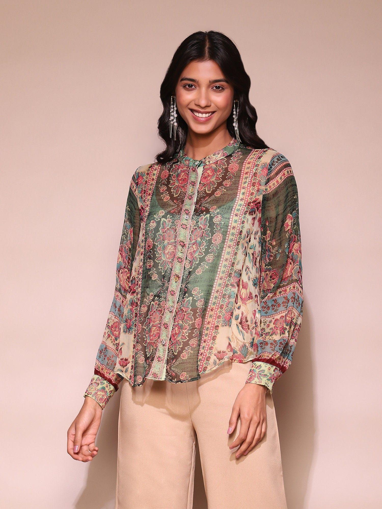 green floral print shirt with inner (set of 2)