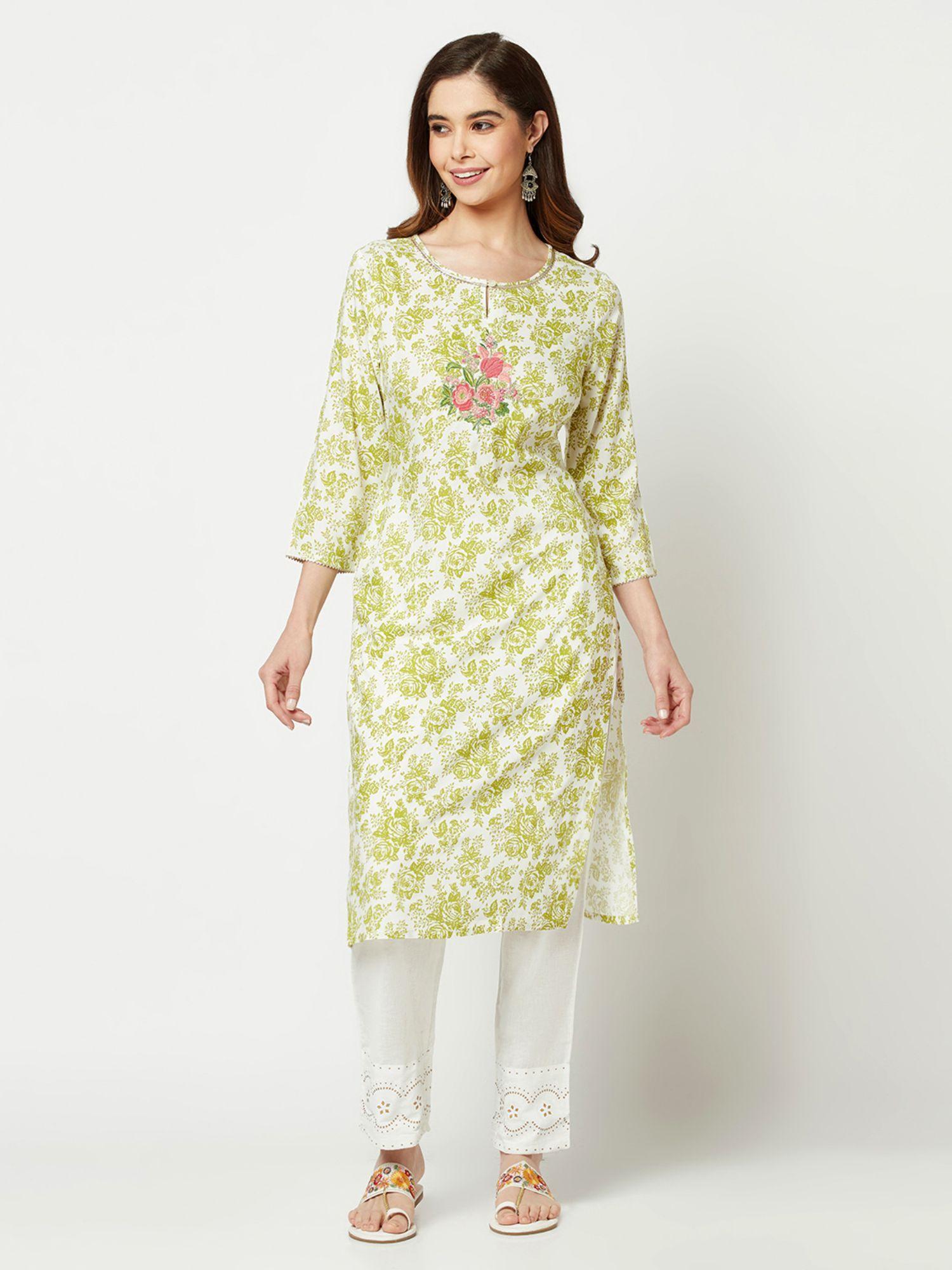 green floral print straight kurta