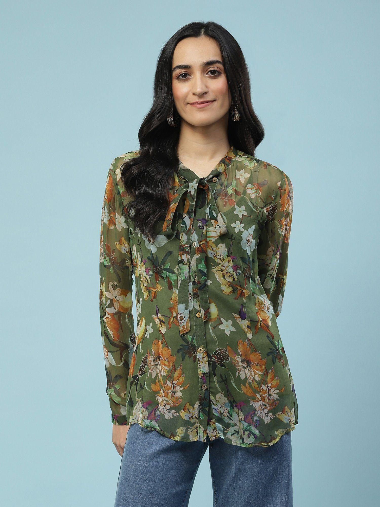 green floral print tie-up shirt with camisole (set of 2)