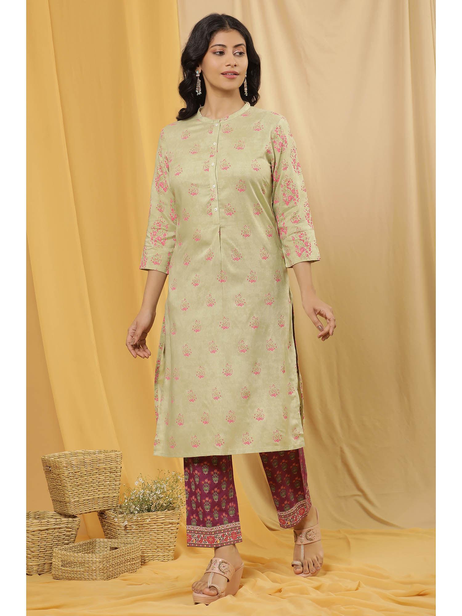 green floral print viscose straight kurta with pant (set of 2)