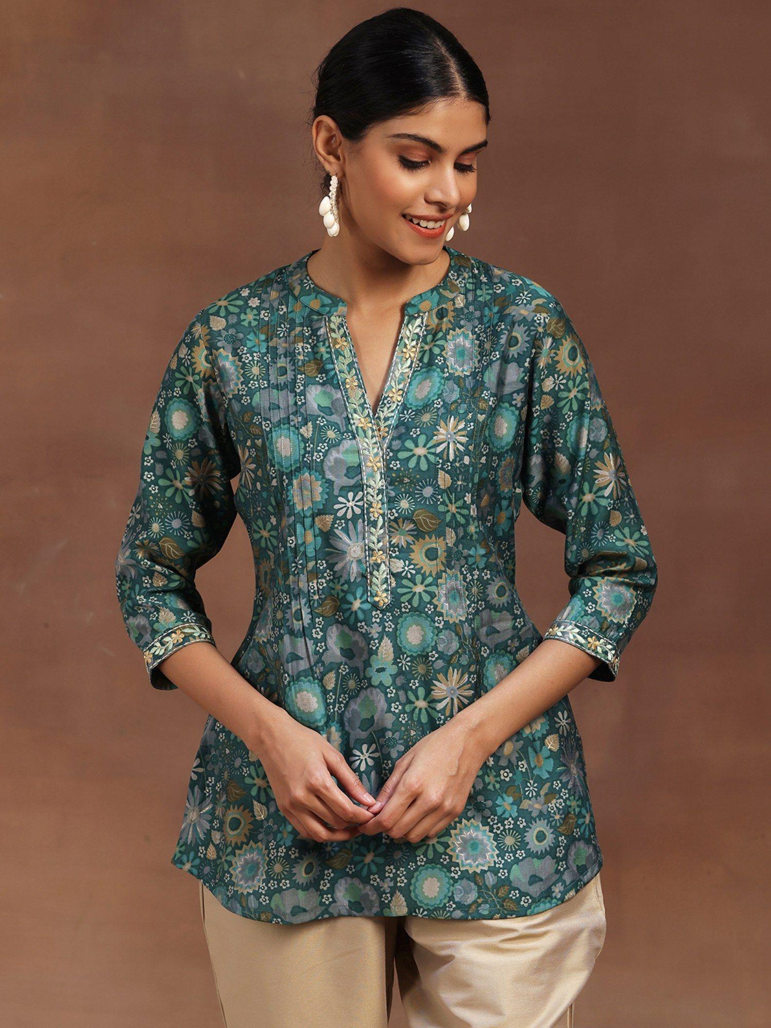 green floral printed a-line kurti with pintuck detail