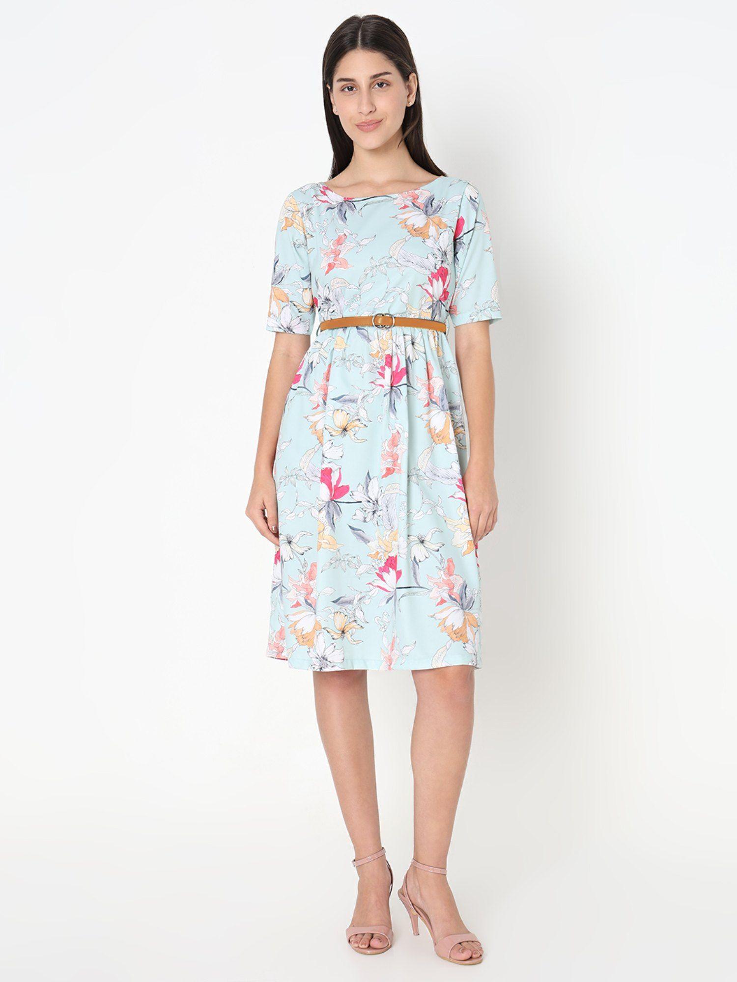 green floral printed boat neck dress with belt (set of 2)