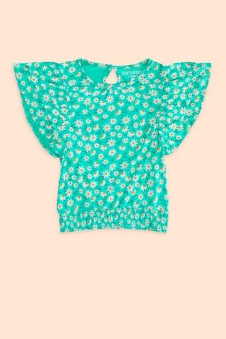 green floral printed casual half sleeves round neck girls regular fit top