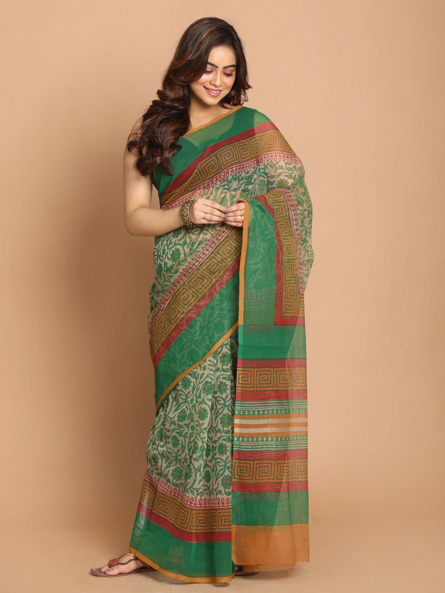 green floral printed cotton blend saree with unstitched blouse