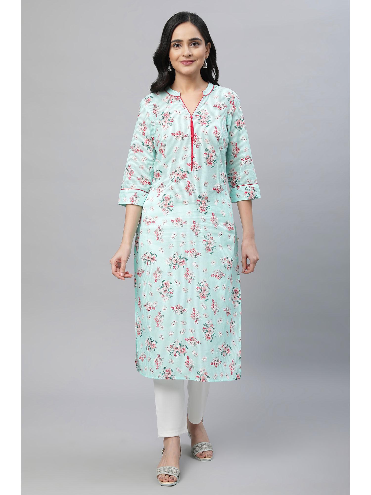 green floral printed cotton kurta