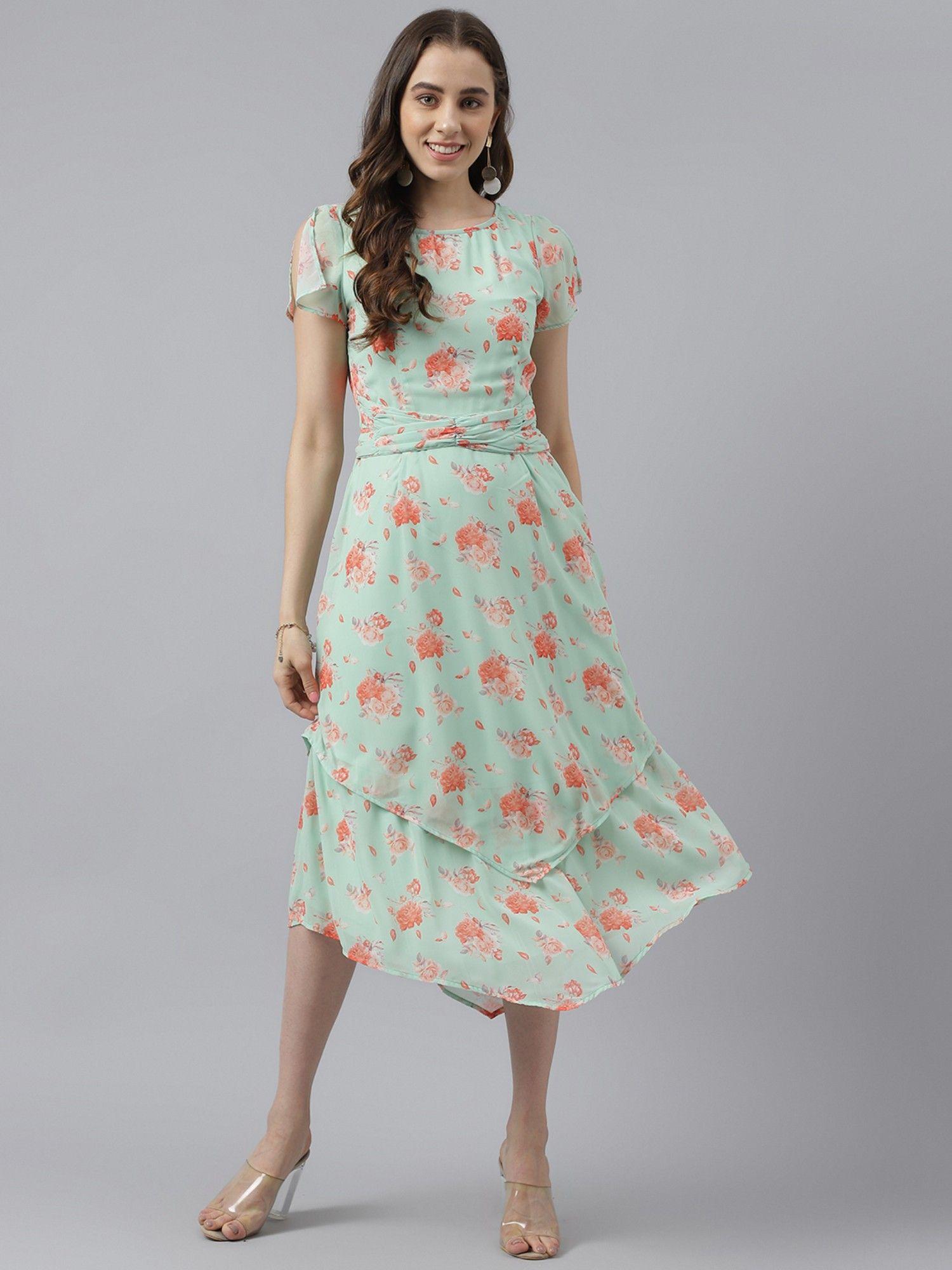 green floral printed flared sleeve with round neck asymmetric dress