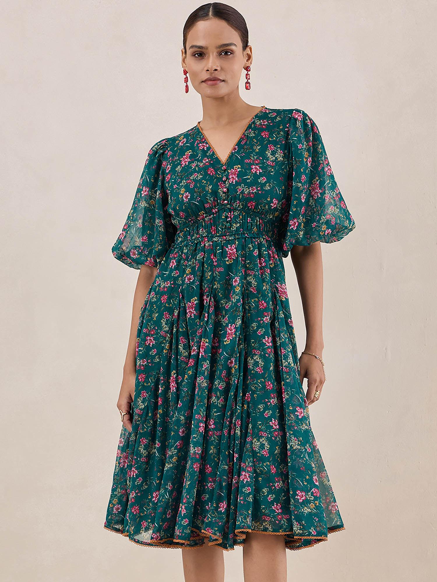 green floral printed knee length dress