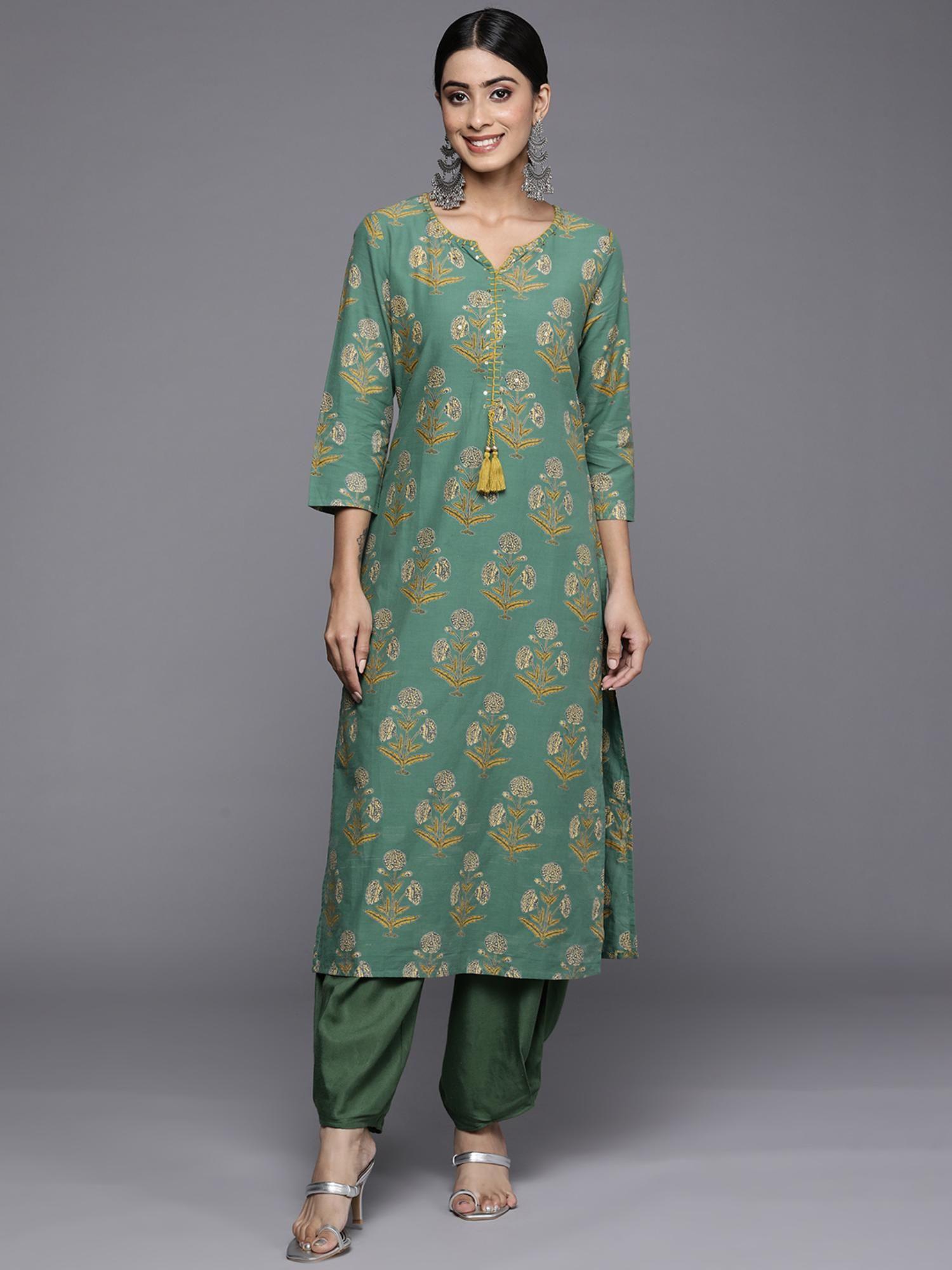 green floral printed kurta with hand work on placket