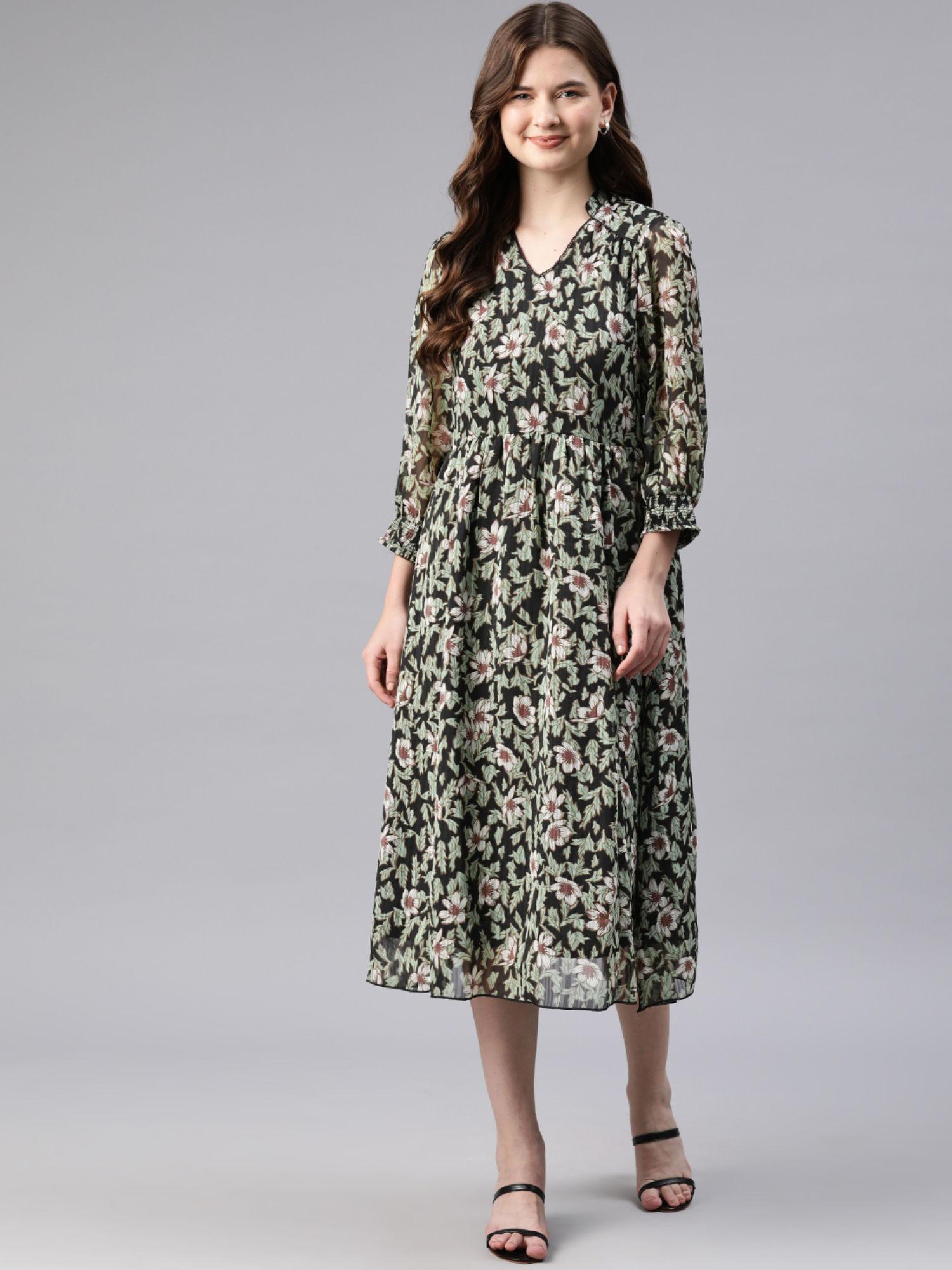 green floral printed lace insert dress