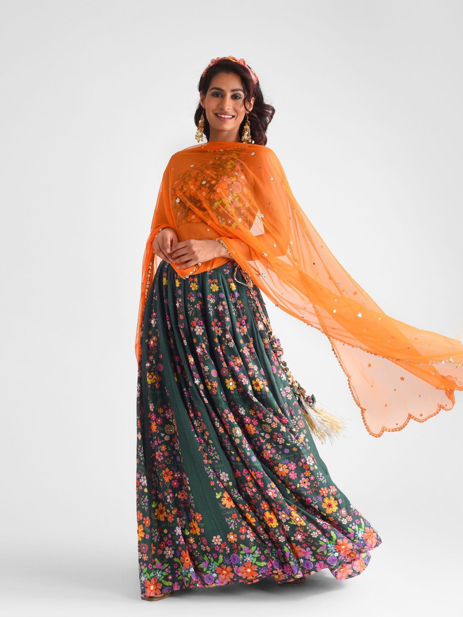 green floral printed lehenga (set of 3)