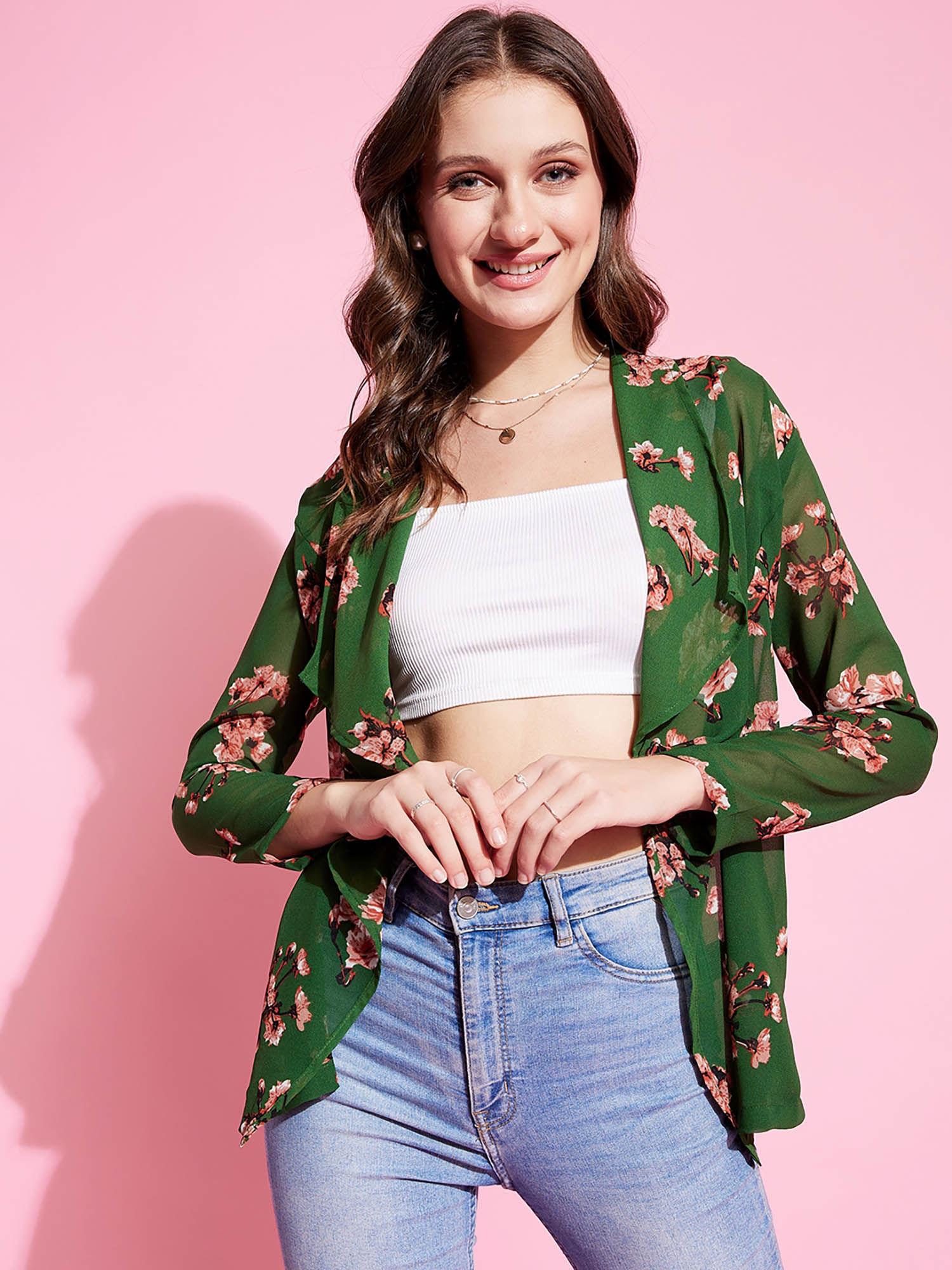 green floral printed open front shrug