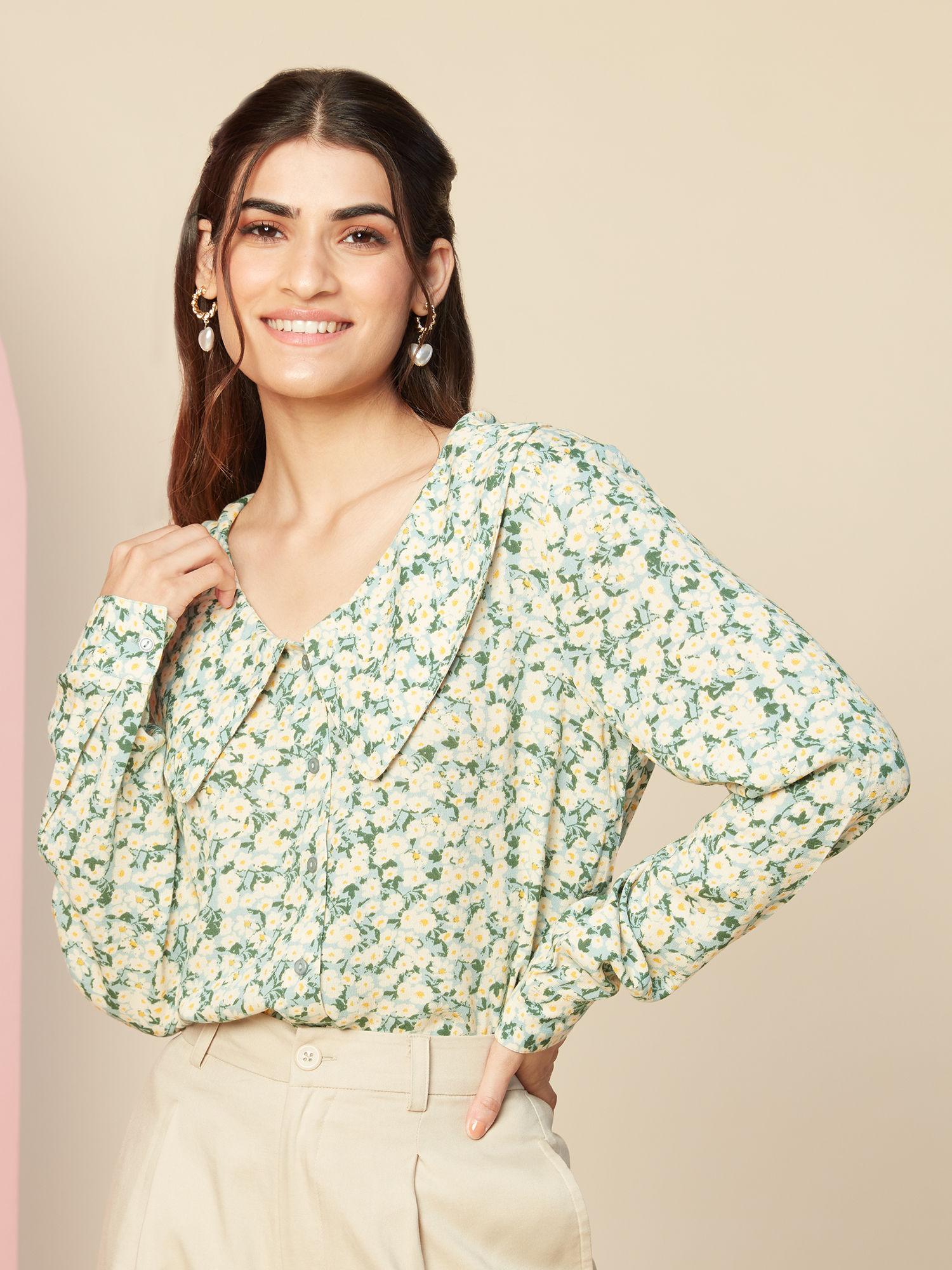 green floral printed peter pan collar shirt