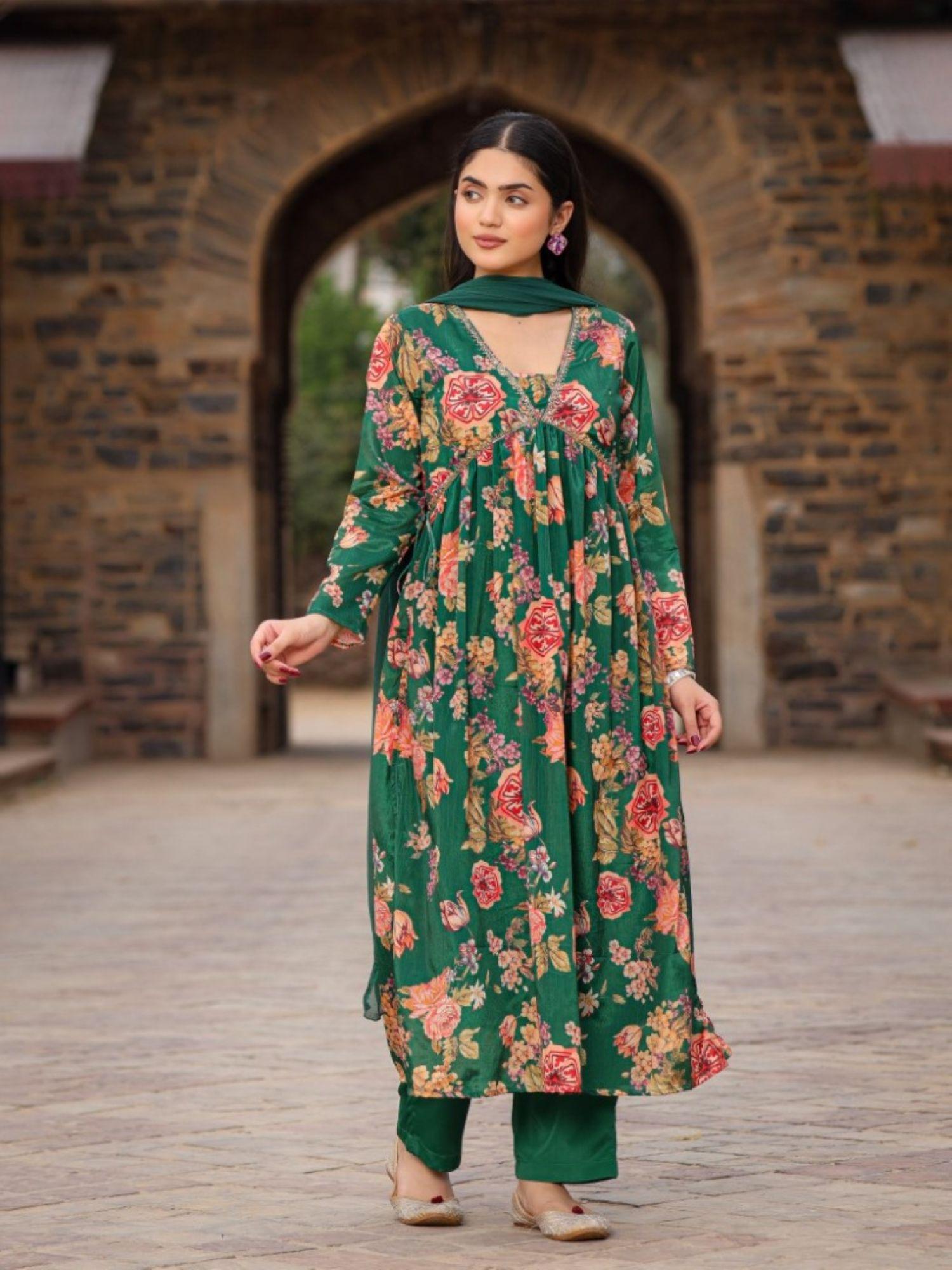 green floral printed poly chinnon kurta pants & dupatta set with mirror work embroidery