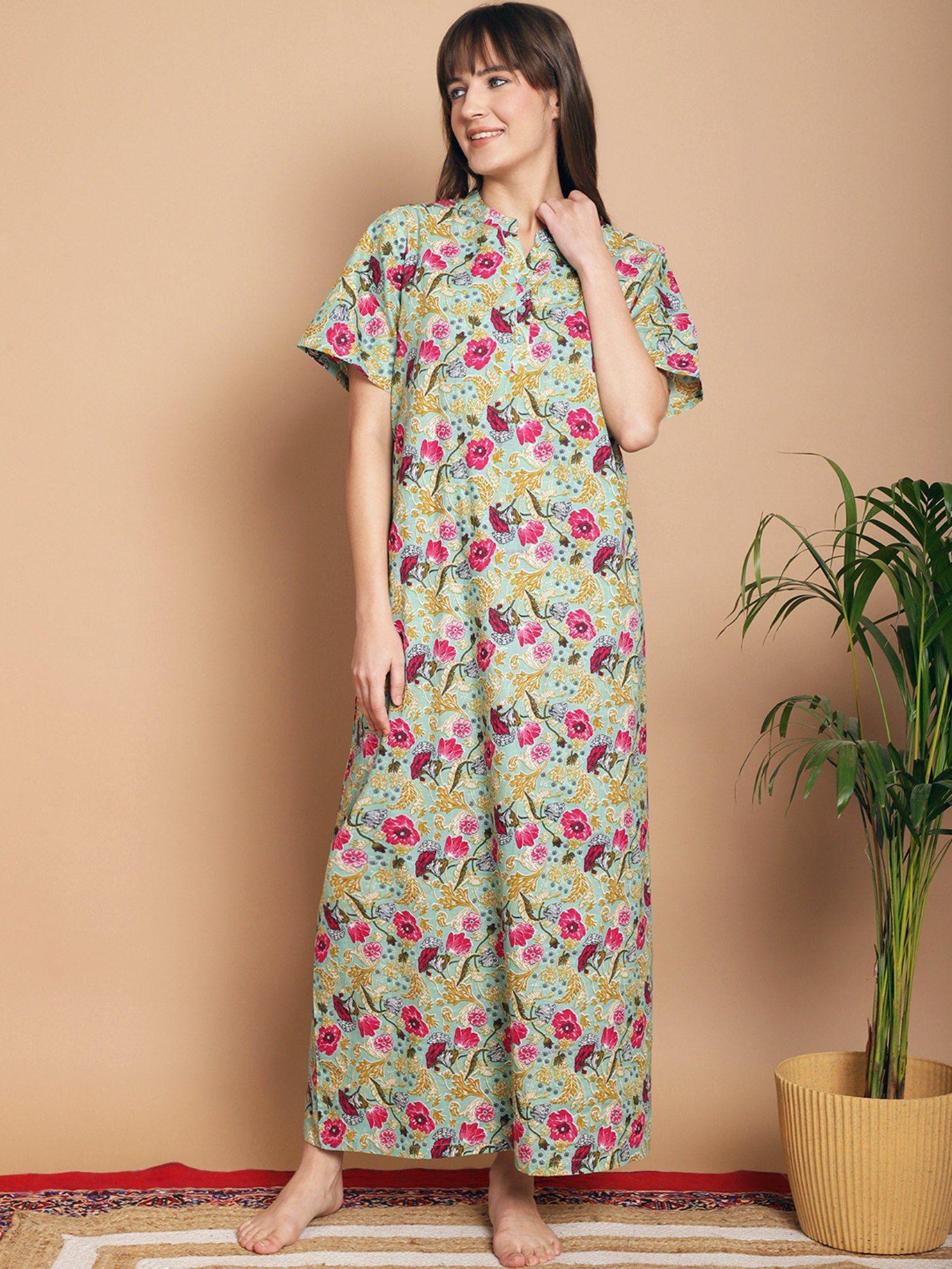 green floral printed pure cotton maxi nightdress