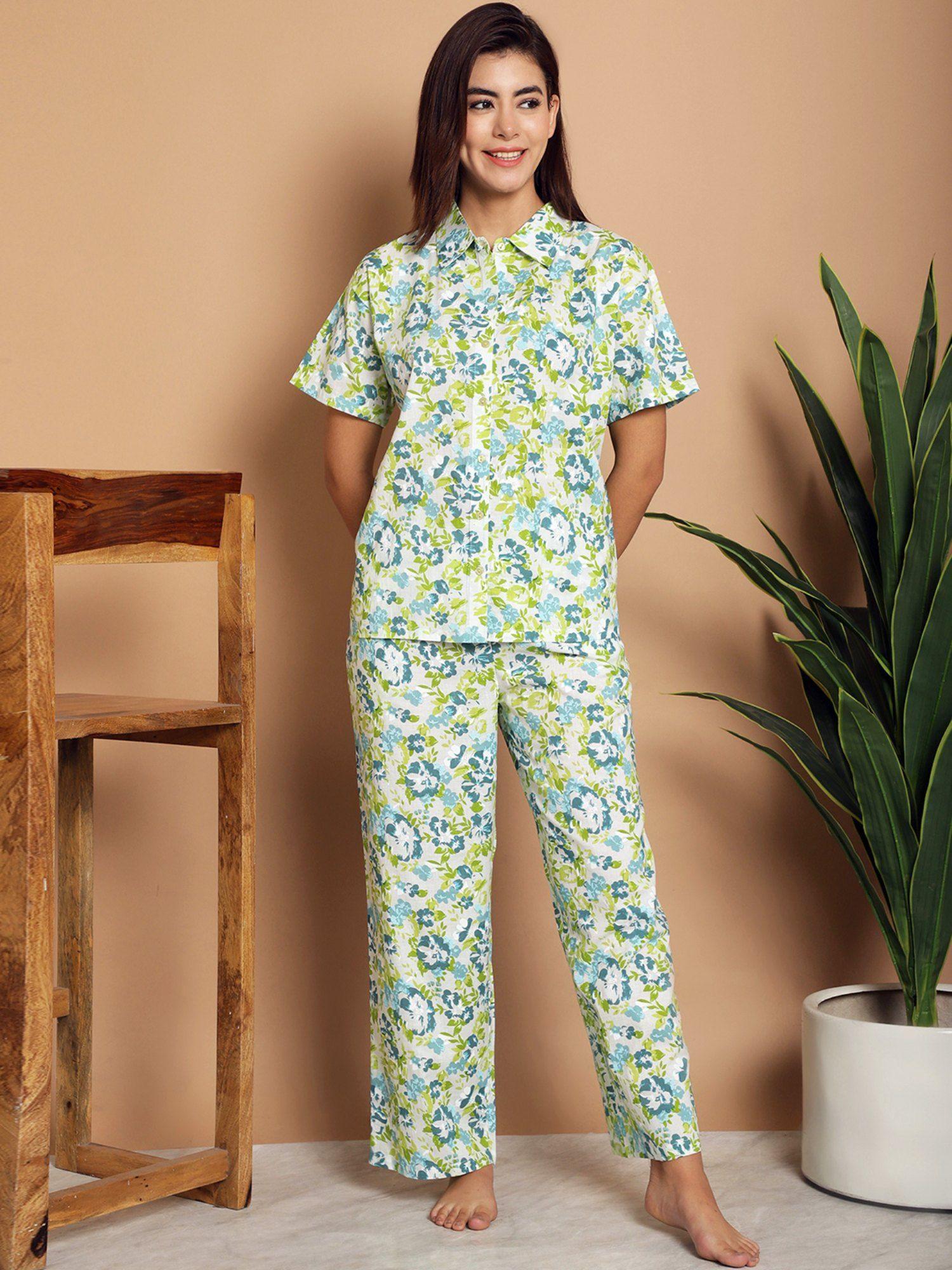 green floral printed pure cotton night suit (set of 2)