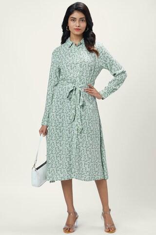 green floral printed regular collar casual calf-length full sleeves women regular fit dress