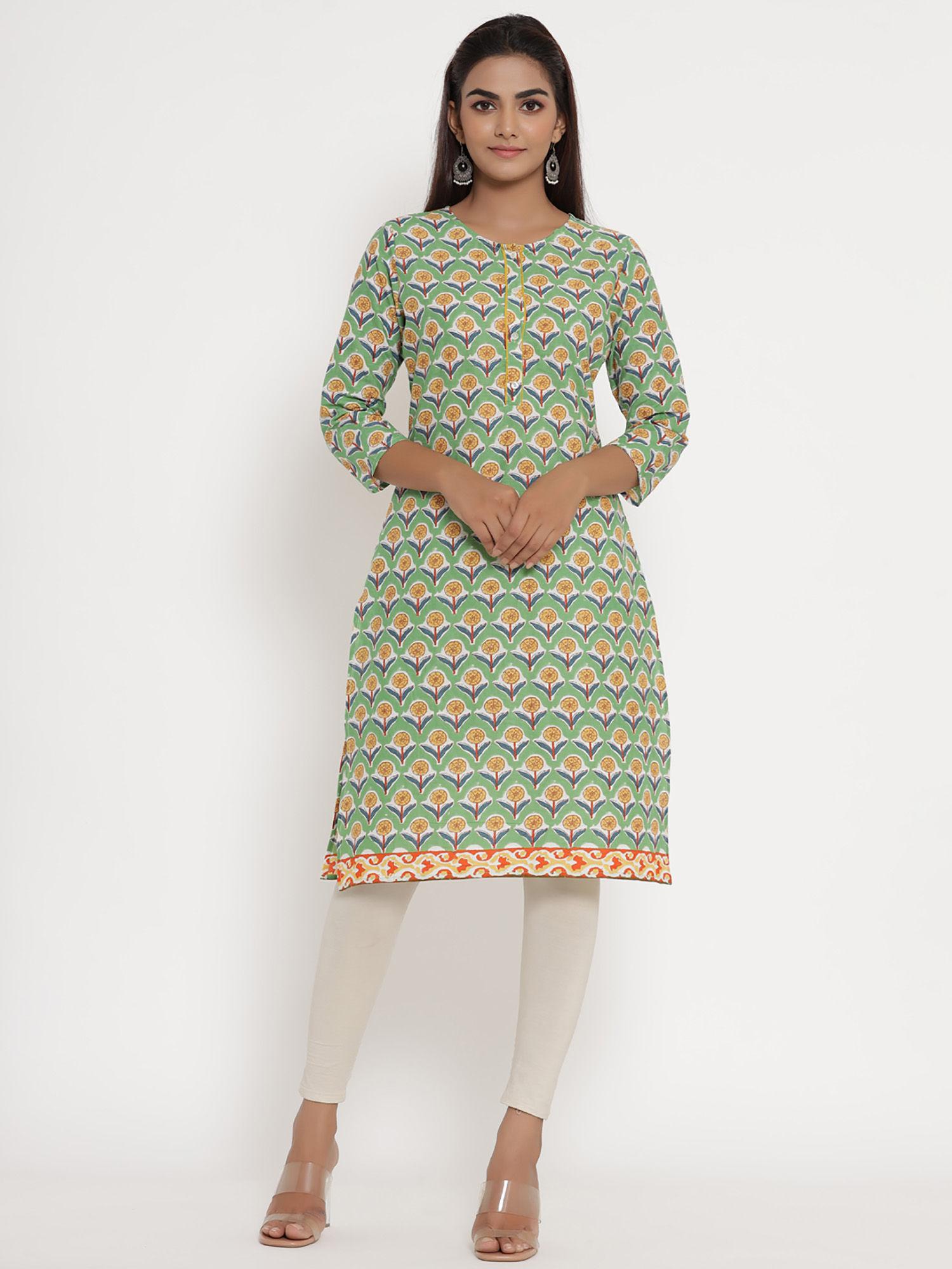 green floral printed straight fit kurta