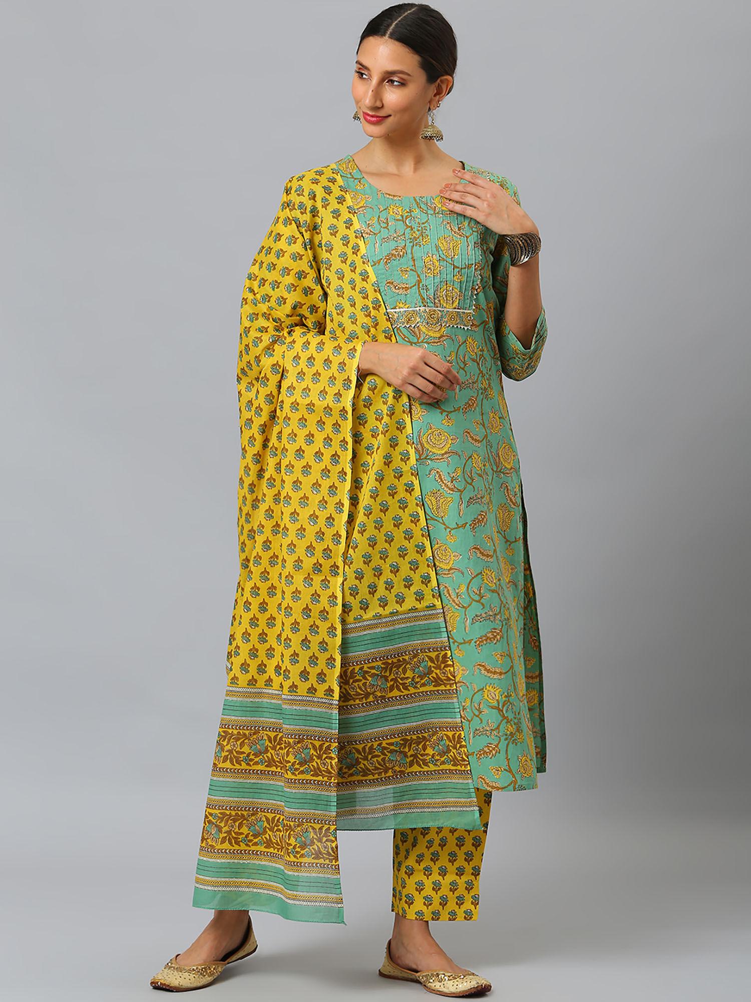 green floral printed straight kurta with trousers & printed dupatta (set of 3)