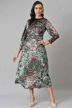 green floral printed velvet cocktail dress