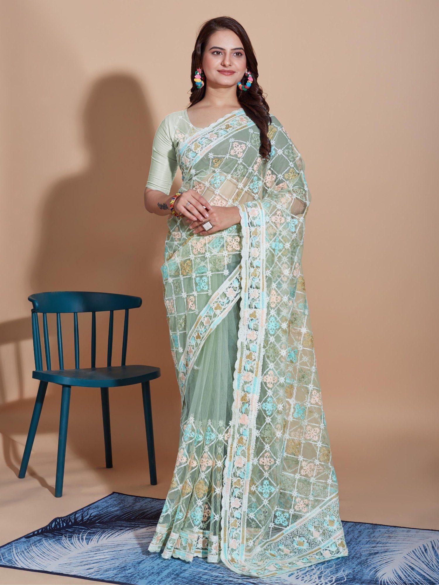 green floral soft net embroidery saree with unstitched blouse