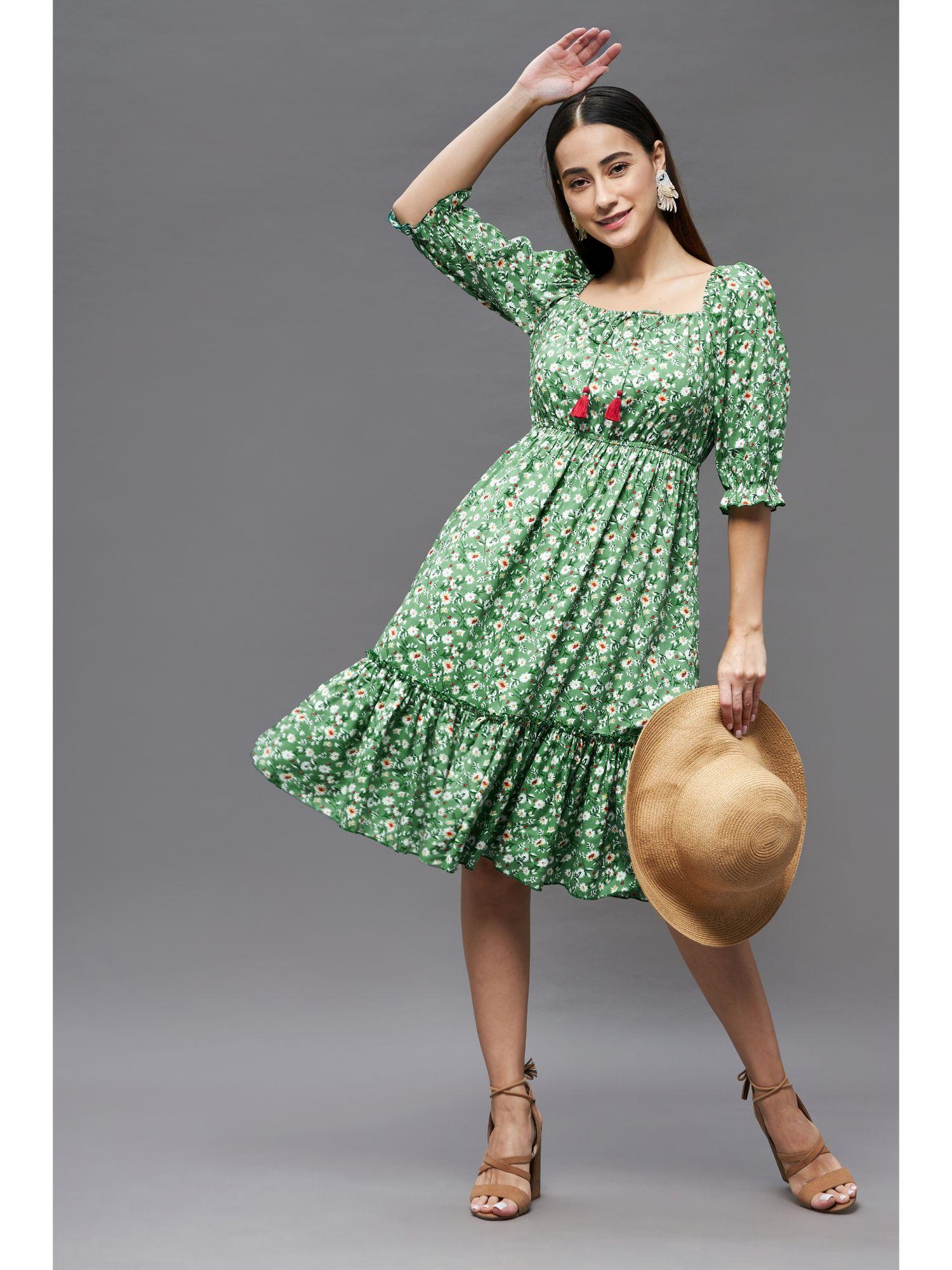 green floral square neck 3-4 sleeve viscose rayon ruffled knee length dress