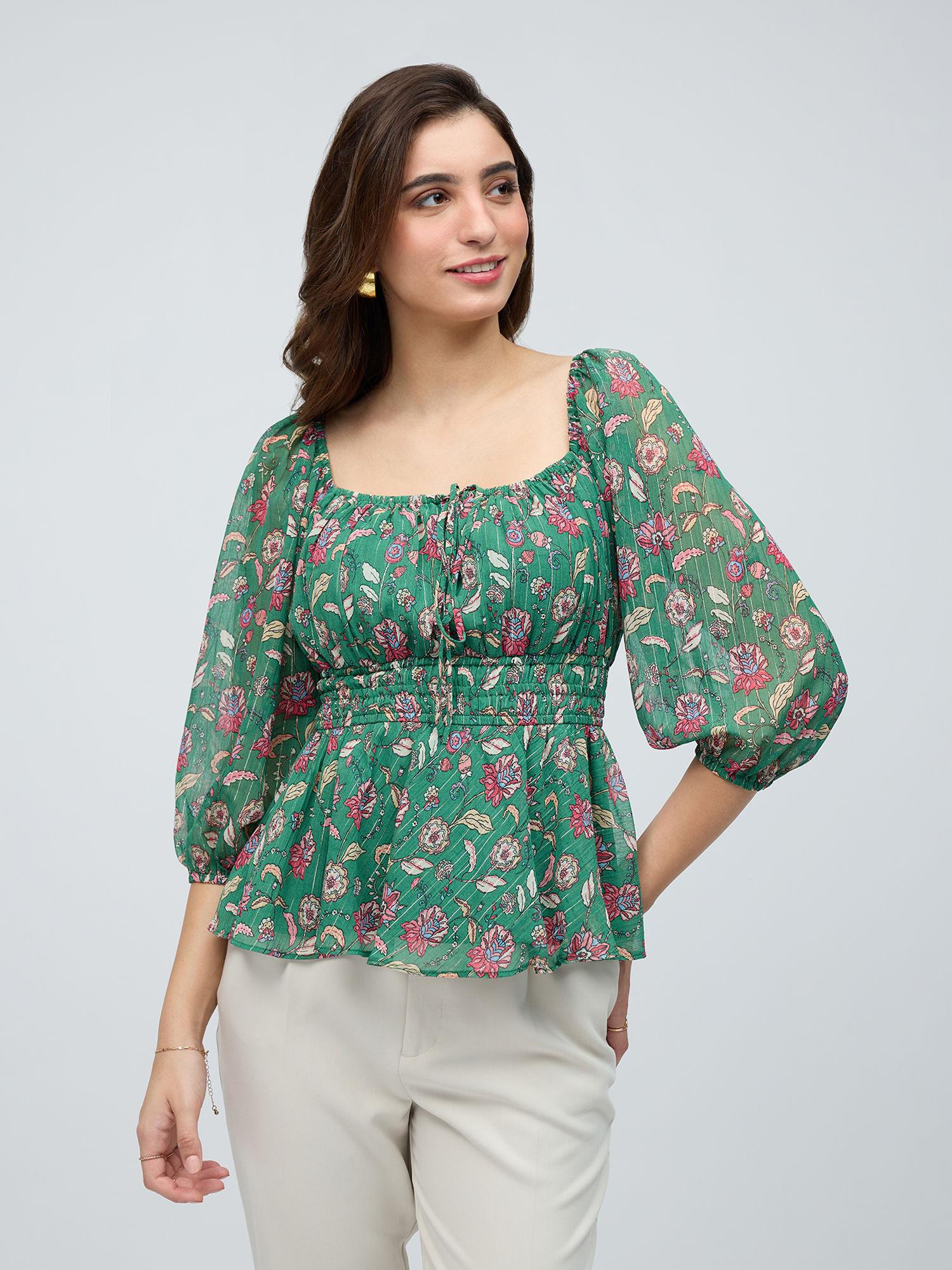 green floral square neck puff sleeves peplum top