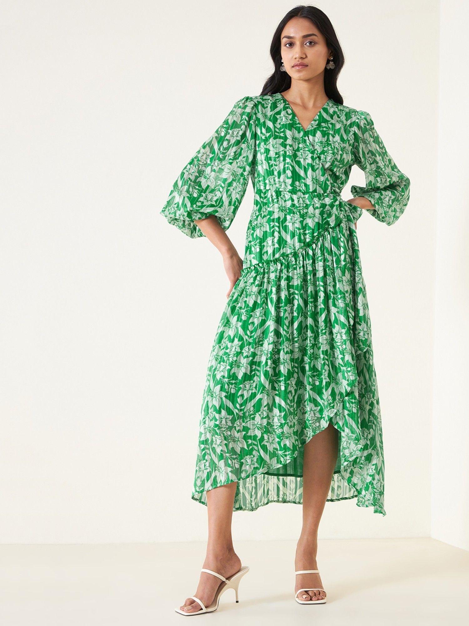 green floral wrap lurex midi dress