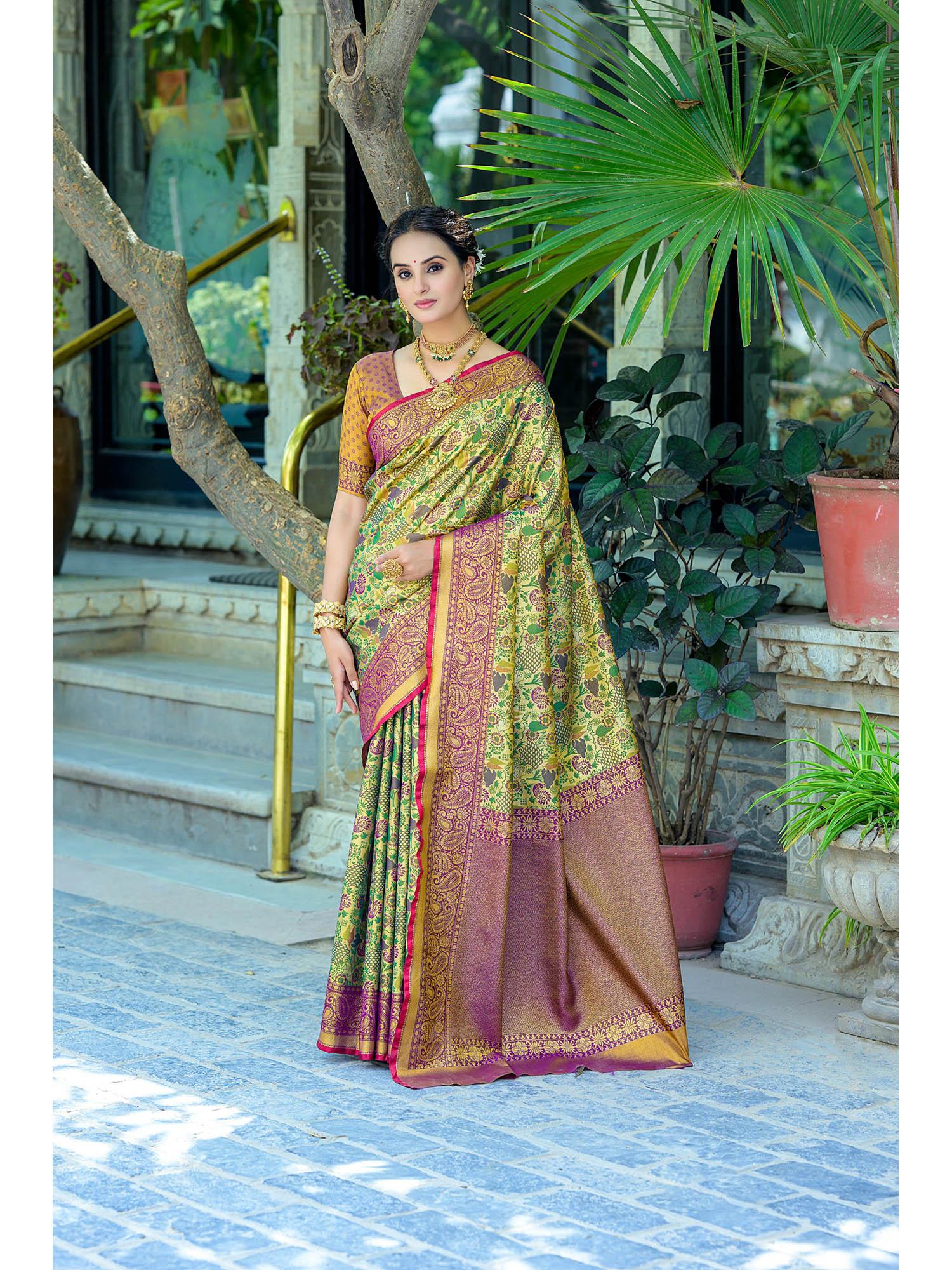 green floral zari woven kanchipuram silk saree with unstitched blouse