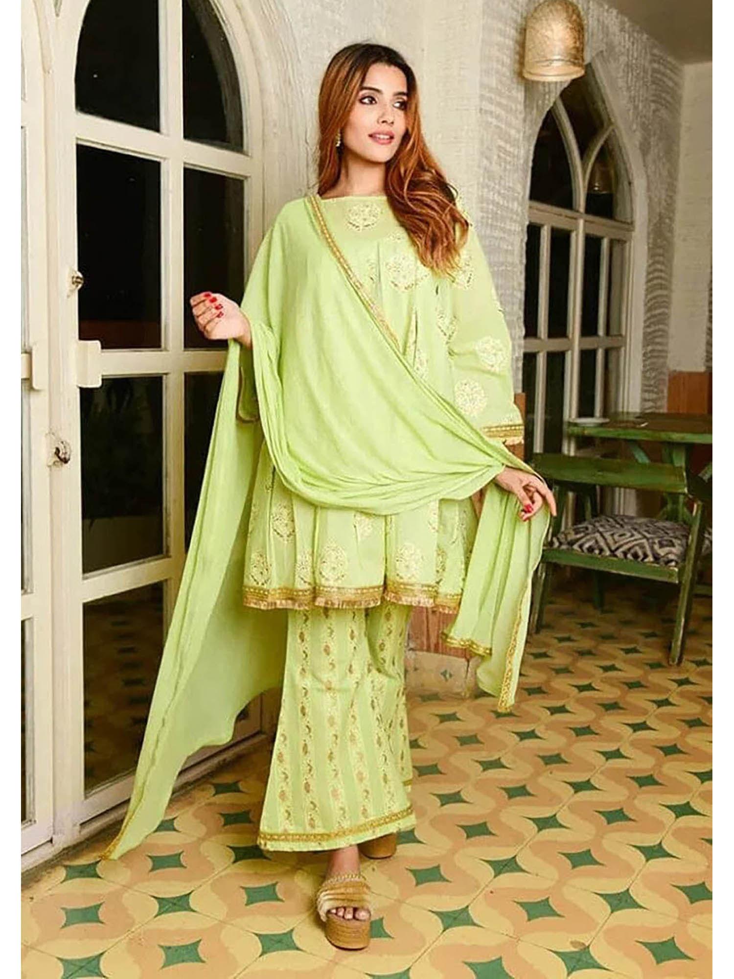 green foil print kurta & pant with dupatta (set of 3)