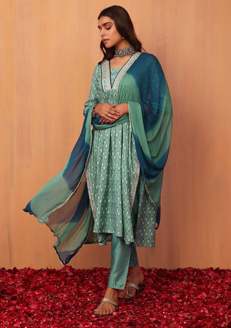 green foil print muslin kurta with pants and dupatta (set of 3)