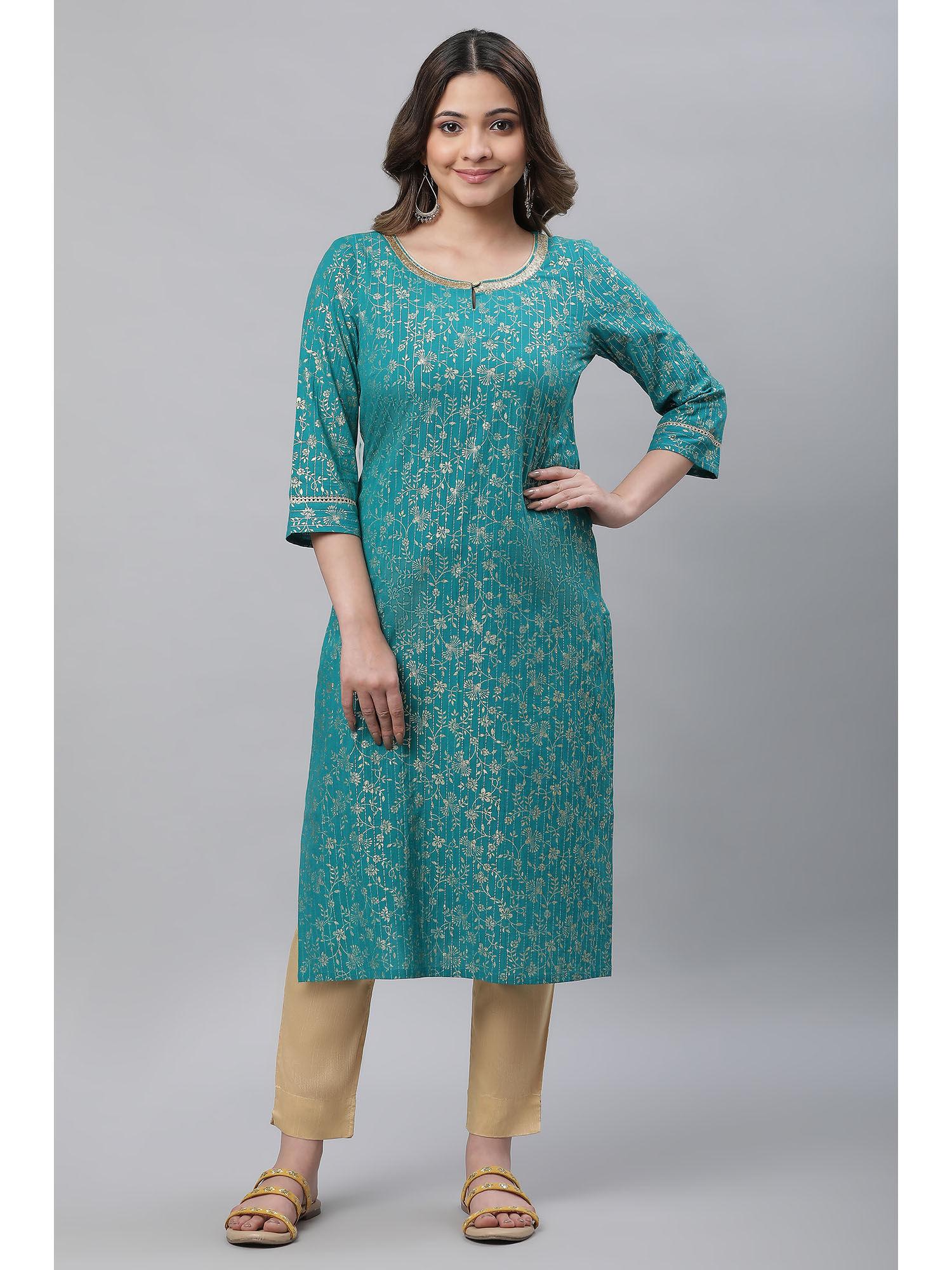 green foil printed festive kurta with sequin lace