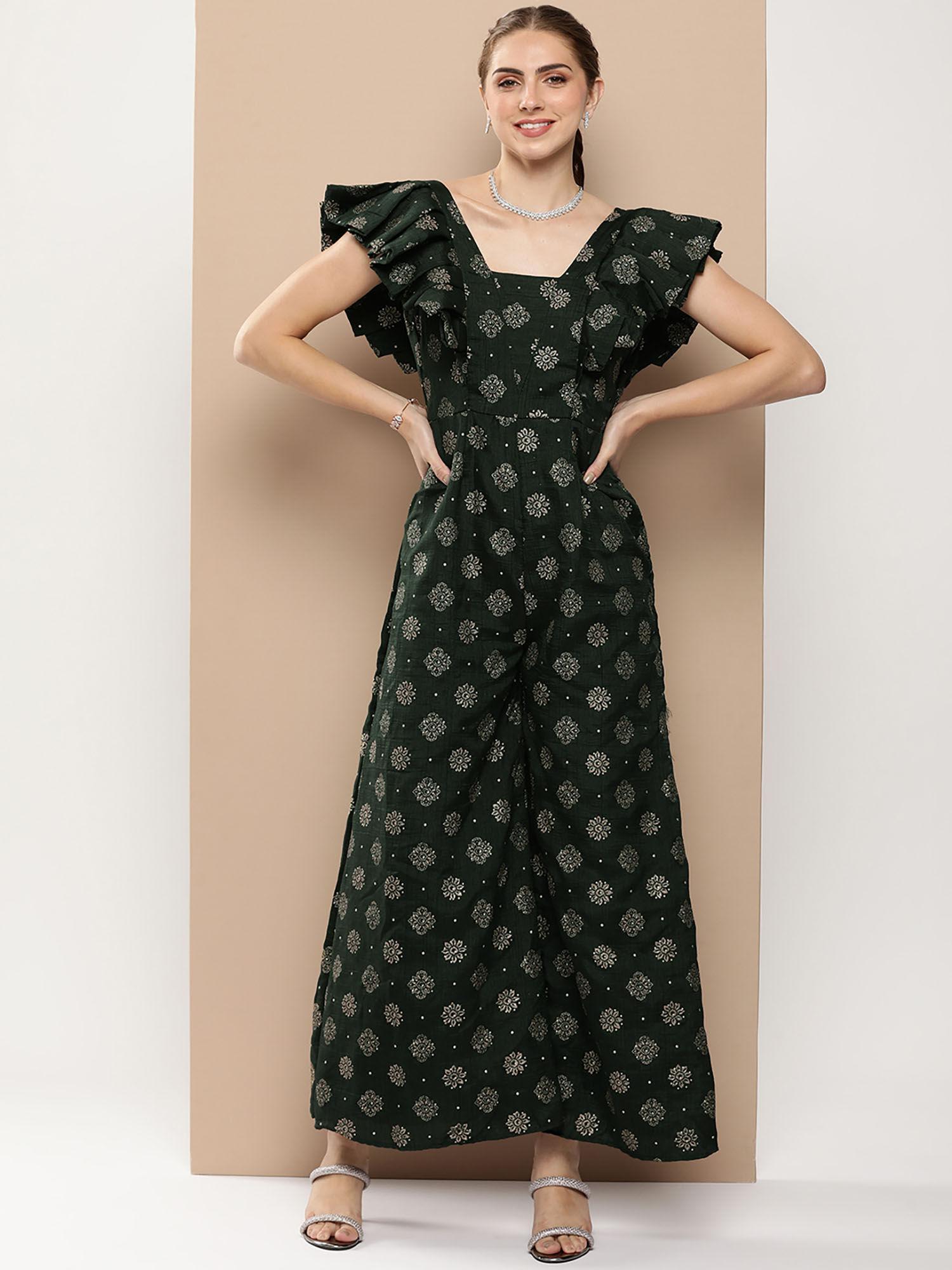 green foil printed sleeveless jumpsuit