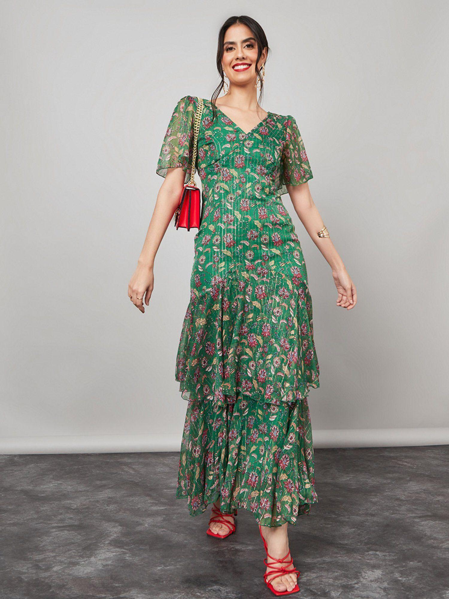 green frill sleeve floral print layered maxi dress