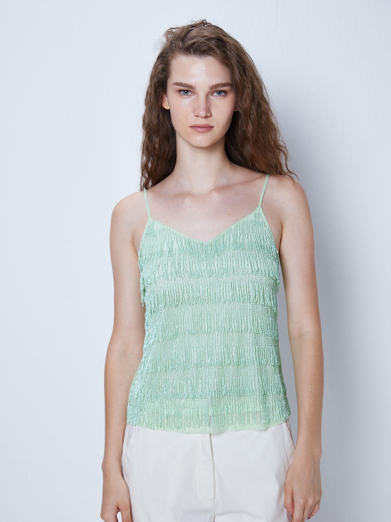 green fringe detailed cami top