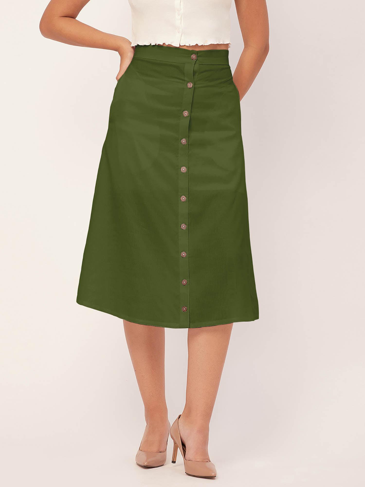 green front button a-line midi skirt