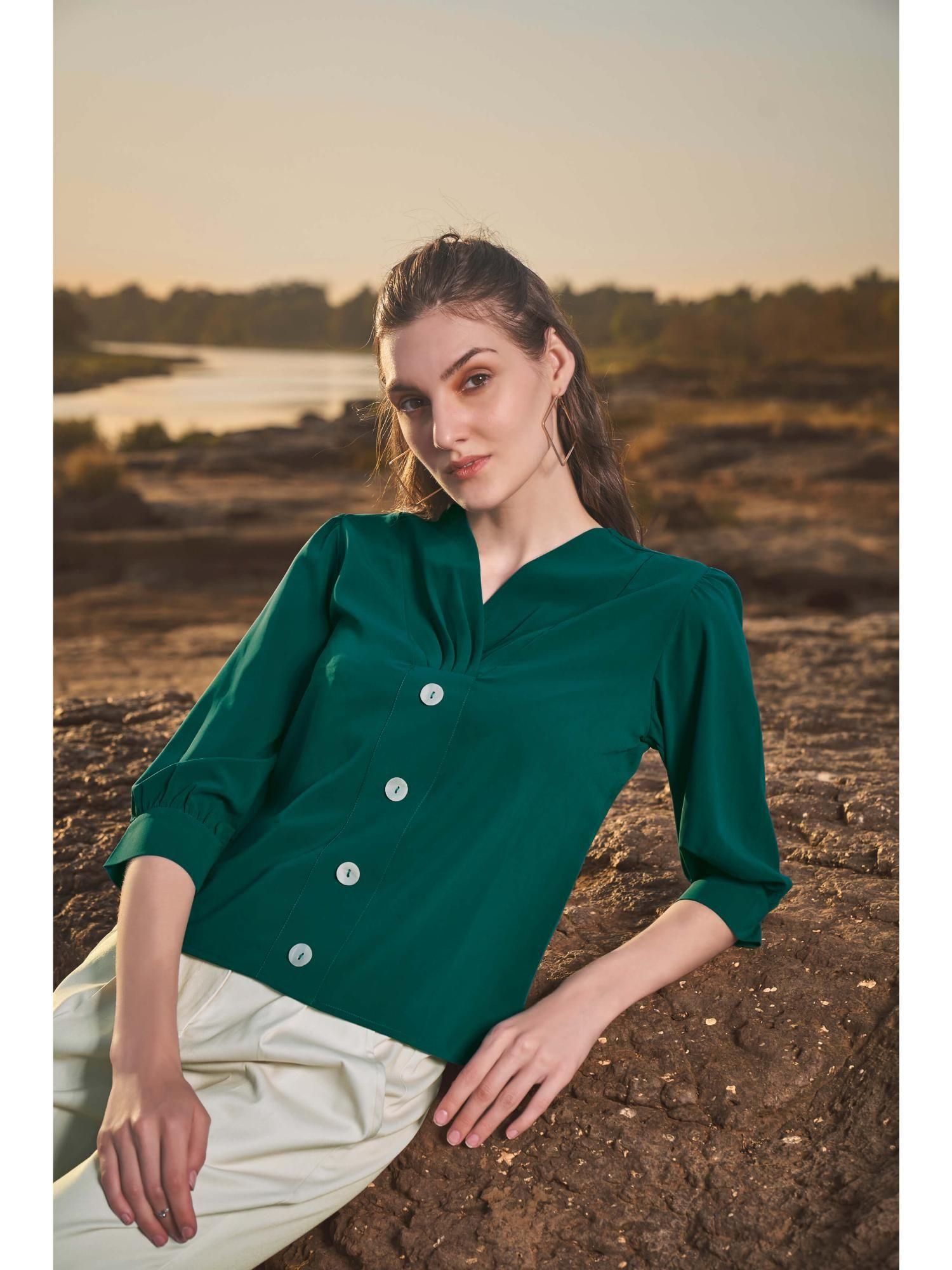 green front button puff sleeve stylish top