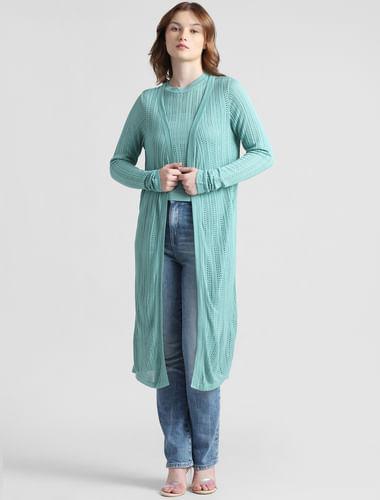 green front open long cardigan