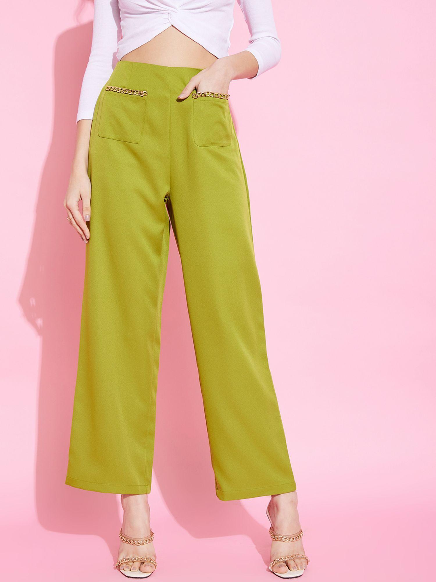 green front pocket chain embellished straight parallel trouser