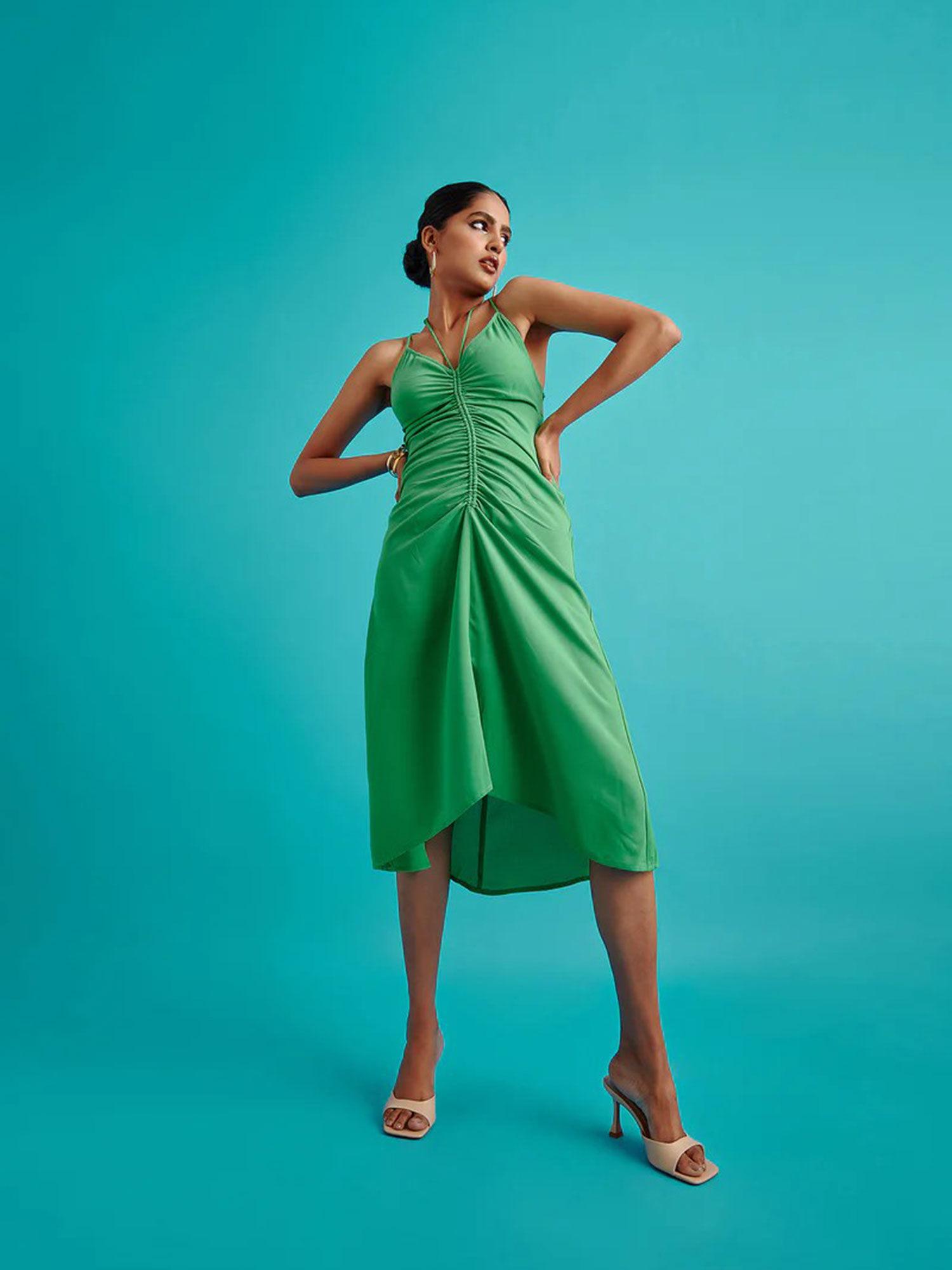 green front ruched slip dress