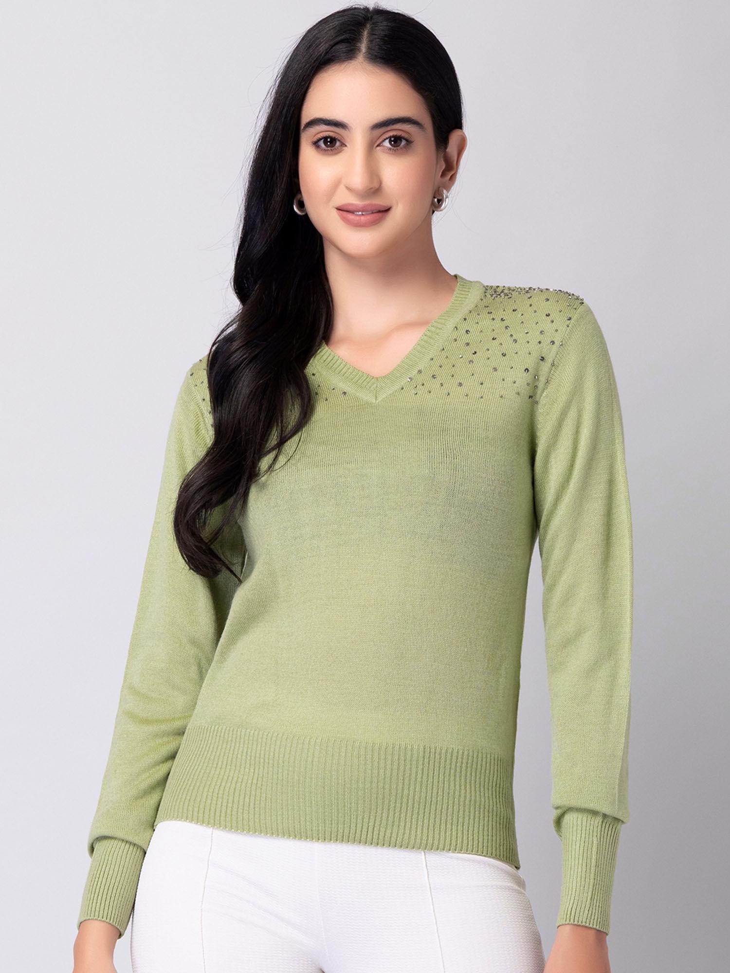 green full sleeve embellished sweater